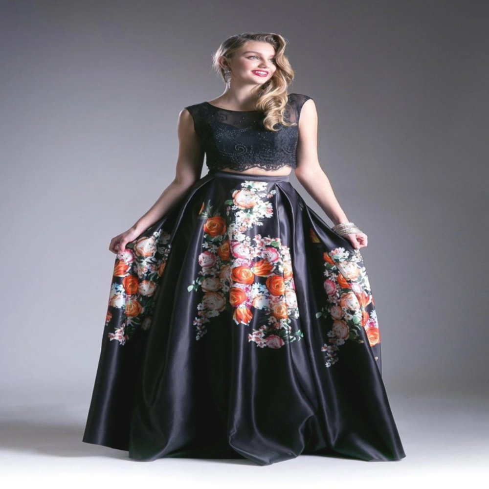 LONG TWO PIECE FLORAL PRINT DRESS BY CINDERELLA DIVINE KC1813